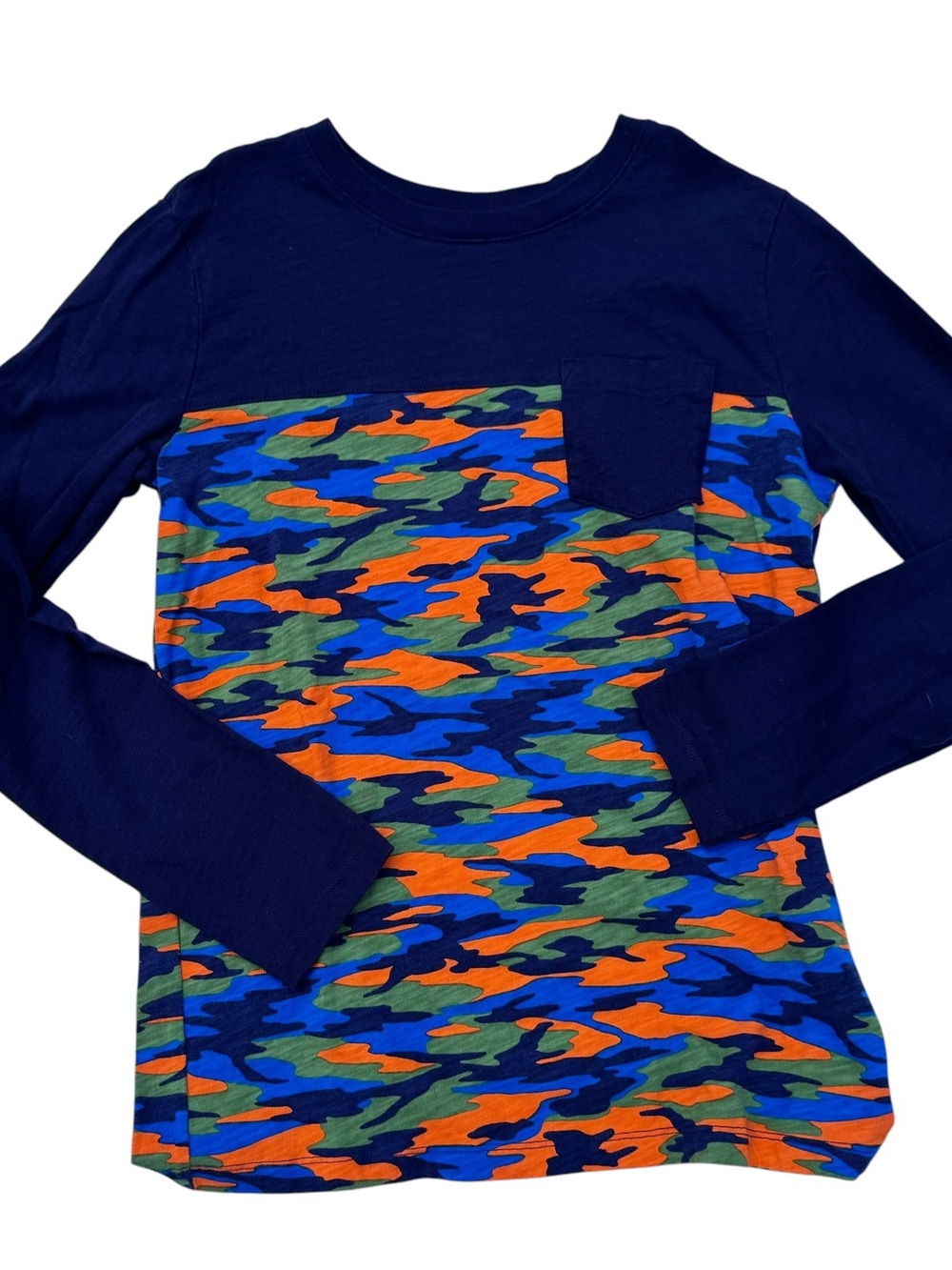 Lands' End Boys' Camo Panel Long-Sleeve Tee in Navy, Orange & Blue